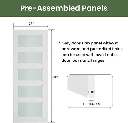 SMARTSTANDARD 28" x 80" Frosted Glass Pantry Door, Solid Core Slab Door | Pre-Assembled 5-Panel without Hardware, French Interior Door for Pantry Pocket, White Primed
