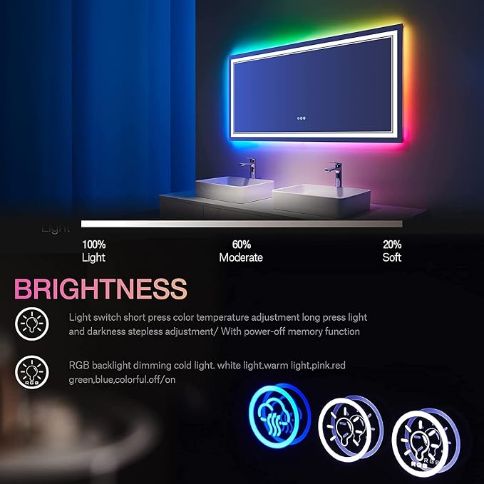 48x30 Inch RGB LED Bathroom Mirror with Lights | Front and RGB Backlit, Dimmable, Memory, Anti Fog, Shatterproof, Horizontal/Vertical, Lighted Mirrors for Bathroom Wall