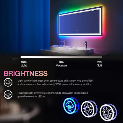 55x36 Inch RGB LED Bathroom Mirror with Lights | Front and RGB Backlit, Dimmable, Memory, Anti Fog, Shatterproof, Horizontal/Vertical, Lighted Mirrors for Bathroom Wall