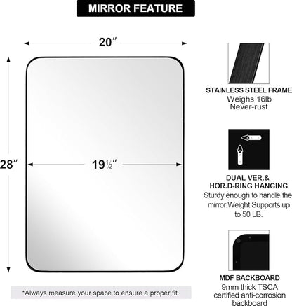 Wall Mirror for Bathroom, 20”x28” Black Bathroom Mirror, Rounded Rectangle Mirror in Premium Stainless Steel Metal Frame Hangs Horizontal Or Vertical