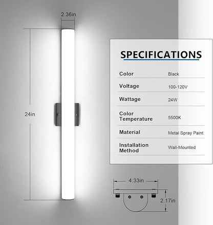 Black Bathroom Vanity Light Bar - 24W 24" Dimmable LED Modern Light Fixture for Bathroom Mirror - Wall Mount Vanity Lighting - Matte Black