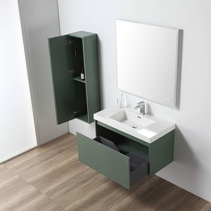 Blossom 36 Inch Bathroom Vanity with Sink and Side Cabinet, All Wood Floating Bathroom Vanity with Acrylic Sink, Bathroom Sink Cabinet with Soft-Close Drawer, Modern Style Vanities, Aventurine Green