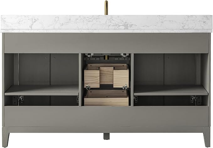 Vanity Art 60" Bathroom Vanity with Single Sink & Arabescato White Engineered Stone Top, Vanity Cabinet with Soft Closing Door, Solid Wood Frame, Golden Brushed Handles, Driftwood Gray VA8160S-DG-GB