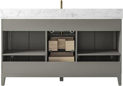 Vanity Art 60" Bathroom Vanity with Single Sink & Arabescato White Engineered Stone Top, Vanity Cabinet with Soft Closing Door, Solid Wood Frame, Golden Brushed Handles, Driftwood Gray VA8160S-DG-GB