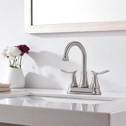 KINGO HOME Modern Brushed Nickel 2-Handle Bathroom Faucet, 4 inch Centerset RV Bathroom Sink Faucet Lavatory Bath Sink Vanity Faucet with Water Supply Lines and Pop Up Drain