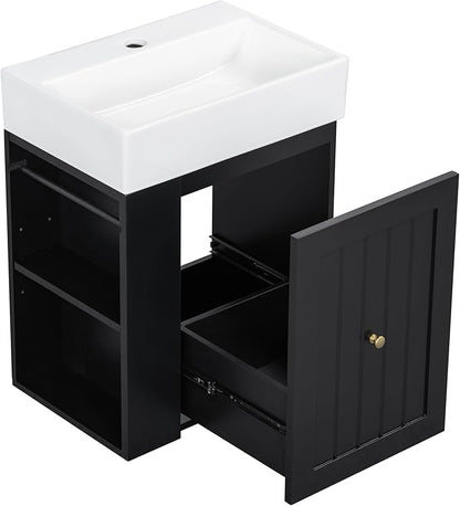 Harper & Bright Designs 20" Bathroom Vanity with Sink, Wall-Mounted Single Basin Vanity Set with One Drawer & Two-Tier Left Side Storage Shelf, Storage Cabinet with Ceramic Basin for Bathroom, Black