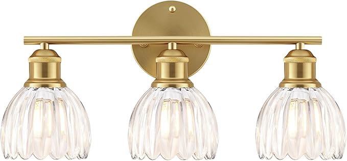 Bathroom Light Fixtures, 3-Light Brushed Gold Vanity Lights for Bathroom with Clear Tulip Glass Shade, 20" Vintage Bathroom Vanity Lighting Fixtures Over Mirror for Bedroom Living Room Hallway