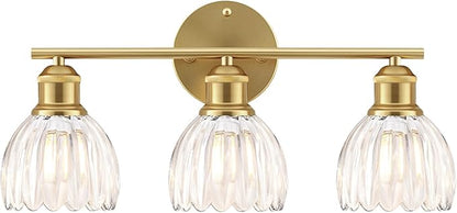 Bathroom Light Fixtures, 3-Light Brushed Gold Vanity Lights for Bathroom with Clear Tulip Glass Shade, 20" Vintage Bathroom Vanity Lighting Fixtures Over Mirror for Bedroom Living Room Hallway