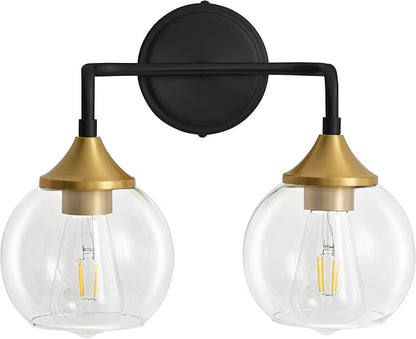 Black and Gold Bathroom Vanity Light with Clear Glass Shade, E26 Base, 2-Light Bathroom Light Fixtures Over Mirror, 14 Inch Vanity Lights for Bathroom (Exclude E26 Bulb)