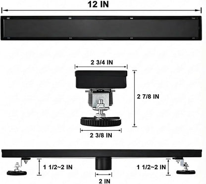 Linear Shower Floor Drain, Black 12 Inch 304 Stainless Steel Bathroom Drains Kit, Rectangular Shower Trench Drain with Reversable Tile-in Pattern Drain Cover & Hair Catcher