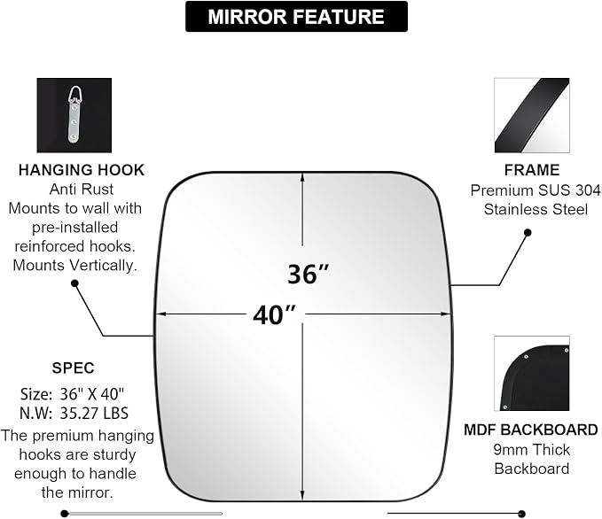 Black Oblong Mirror, 36x40 Inch Black Oval Mirror for Bathroom with Stainless Steel Metal Frame, Wall Mouned for Bathroom, Living Room, Entryway