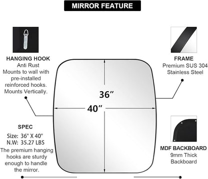 Black Oblong Mirror, 36x40 Inch Black Oval Mirror for Bathroom with Stainless Steel Metal Frame, Wall Mouned for Bathroom, Living Room, Entryway