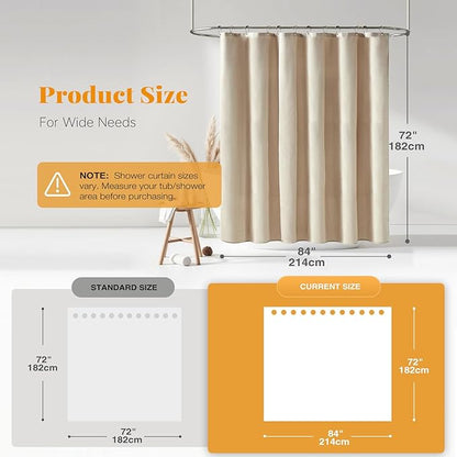 BTTN 84 Inch Wide Shower Curtain - W84xH72 Linen Textured Heavy Duty Fabric Shower Curtain Set with 14 Plastic Hooks, Large Hotel Simple Waterproof Polyester Bath Curtains for Bathroom - Cream/Beige
