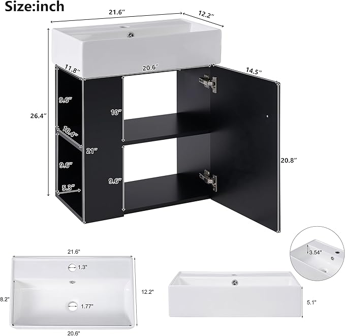 22" Small Bathroom Vanity with Sink, Floating Vanity for Bathrooms with Soft-Close Door and Open Shelf, Wall Mounted Narrow Bathroom Vanities for Compact Bathrooms (Black,22" Floating Left Shelf)