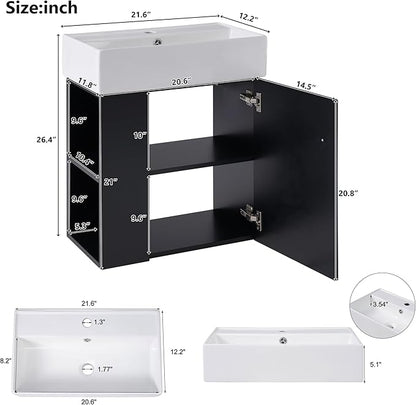 22" Small Bathroom Vanity with Sink, Floating Vanity for Bathrooms with Soft-Close Door and Open Shelf, Wall Mounted Narrow Bathroom Vanities for Compact Bathrooms (Black,22" Floating Left Shelf)
