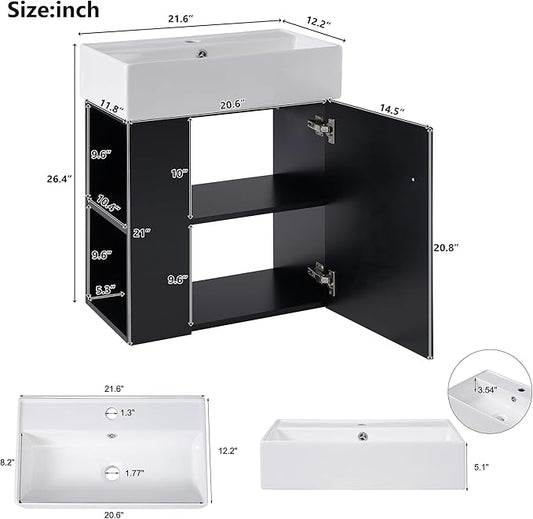 22" Small Bathroom Vanity with Sink, Floating Vanity for Bathrooms with Soft-Close Door and Open Shelf, Wall Mounted Narrow Bathroom Vanities for Compact Bathrooms (Black,22" Floating Left Shelf)