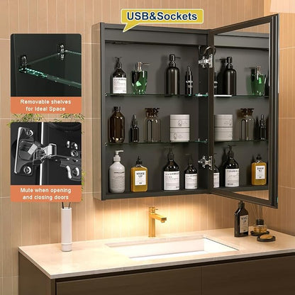 LED Lighted Bathroom Medicine Mirror Cabinet with Sockets & USBs, Anti-Fog Dimmable Light and Color Adjustment, Easy to Install Aluminum Cabinet (20 * 28 Right Hinge)