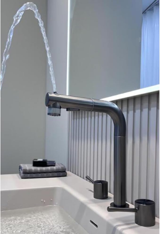 3 Hole Basin Faucets Pull Out Basin Mixer Faucet Brass-Grey