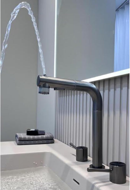 3 Hole Basin Faucets Pull Out Basin Mixer Faucet Brass-Grey