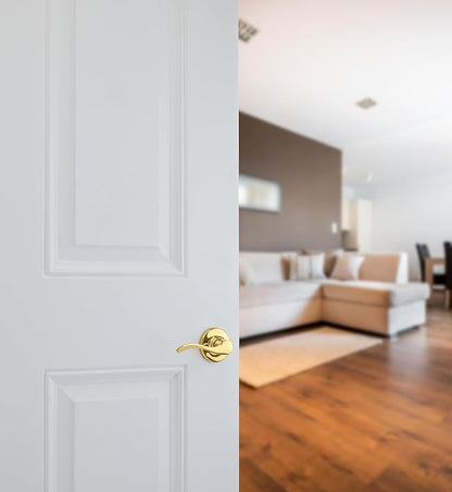 Kwikset Balboa Dummy Door Handle, Single Sided Lever for Closets, French Double Doors, and Pantry, Polished Brass Non-Turning Left Handed Interior Push/Pull Lever
