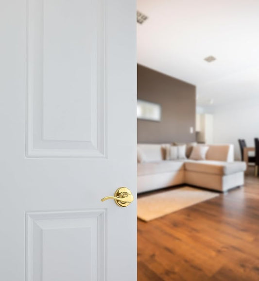 Kwikset Balboa Dummy Door Handle, Single Sided Lever for Closets, French Double Doors, and Pantry, Polished Brass Non-Turning Left Handed Interior Push/Pull Lever