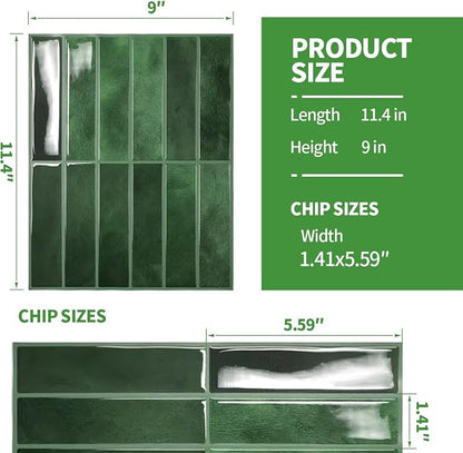 Peel and Stick Backsplash 3D Wall Tiles,Self-Adhesive,Oil Proof,Waterproof, Removable Wall Panels for Kitchen & Bathroom,Modern Design, Easy Install (10.7ft，12x9 inch,14 Pack) (Green)