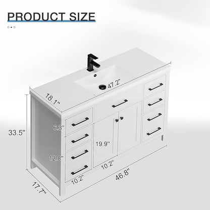 LUCKWIND 48" Modern Bathroom Vanity and Sink, Painted Bathroom Storage Cabinet with Single Resin Sink, Two Doors and Four Drawers, Include Faucet Without Mirror, White