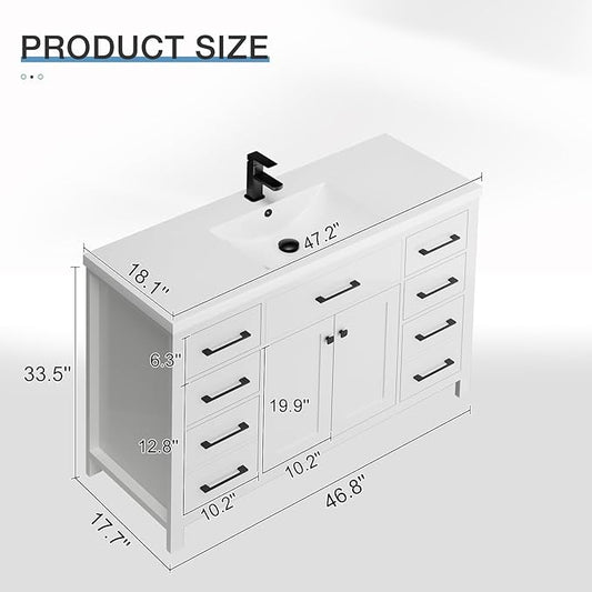 LUCKWIND 48" Modern Bathroom Vanity and Sink, Painted Bathroom Storage Cabinet with Single Resin Sink, Two Doors and Four Drawers, Include Faucet Without Mirror, White