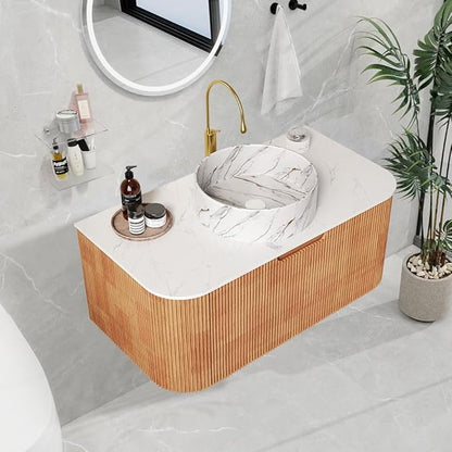 LKTART 36 Inch Floating Bathroom Vanity with Sink, Modern Wall Mounted Bathroom Storage Cabinet with Drawer, Stone Pattern Round White Ceramic Sink Top and Marble Texture Top, Natural Wood