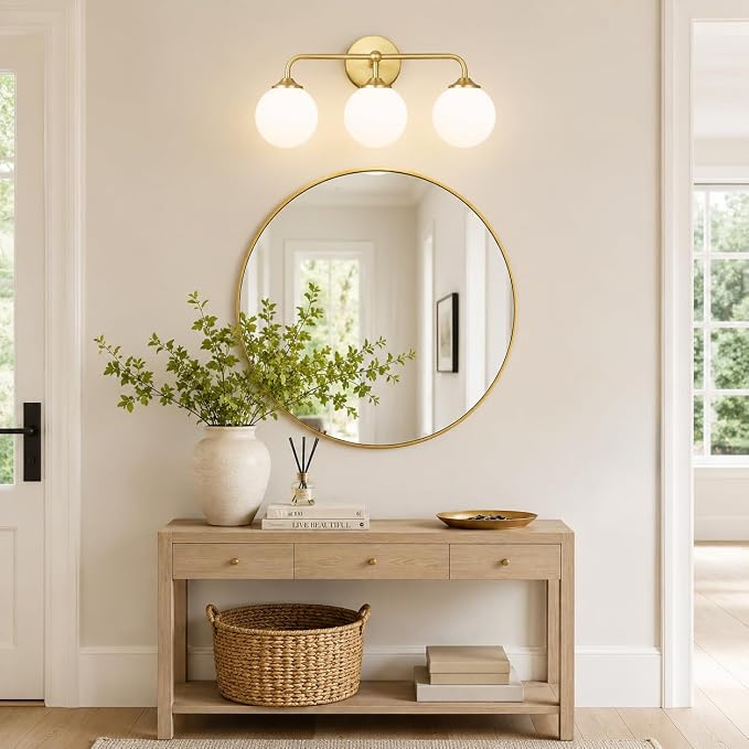 Modern Brushed Gold 3-Lights Vanity Light Fixtures with Milky White Glass Ball Shades, Mid Century Brass Wall Sconce Lighting Fixtures over Mirror, Wall Sconces for Bathroom Dressing Table Bedroom