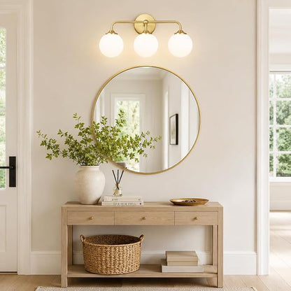 Modern Brushed Gold 3-Lights Vanity Light Fixtures with Milky White Glass Ball Shades, Mid Century Brass Wall Sconce Lighting Fixtures over Mirror, Wall Sconces for Bathroom Dressing Table Bedroom