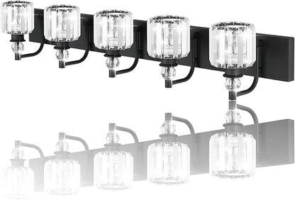 Ralbay Crystal Black Vanity Light Fixtures 5 Light Crystal Bathroom Light Fixtures Over Long Mirror Modern Matte Black Bath Wall Lights