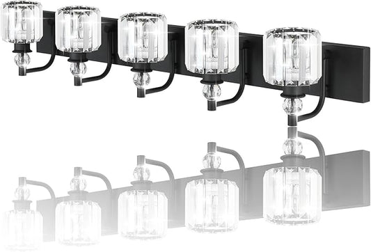 Ralbay Crystal Black Vanity Light Fixtures 5 Light Crystal Bathroom Light Fixtures Over Long Mirror Modern Matte Black Bath Wall Lights