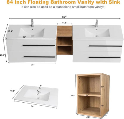 84 Inch Floating Double Sink Bathroom Vanity, Modern Bathroom Vanity with Double Sink, Painted Surface Wall Mounted Bathroom Cabinet with Large Storage Drawers,White&Natural