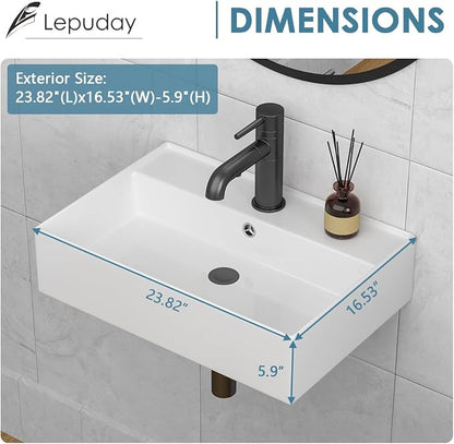24x16 InchFloating Bathroom Sink Wall Mount Vessel Sink | Floating Wall Hung Sinks Rectangular Modern Vessel Sinks White Porcelain Lavatory Sink for Hotel & Residential Bathroom