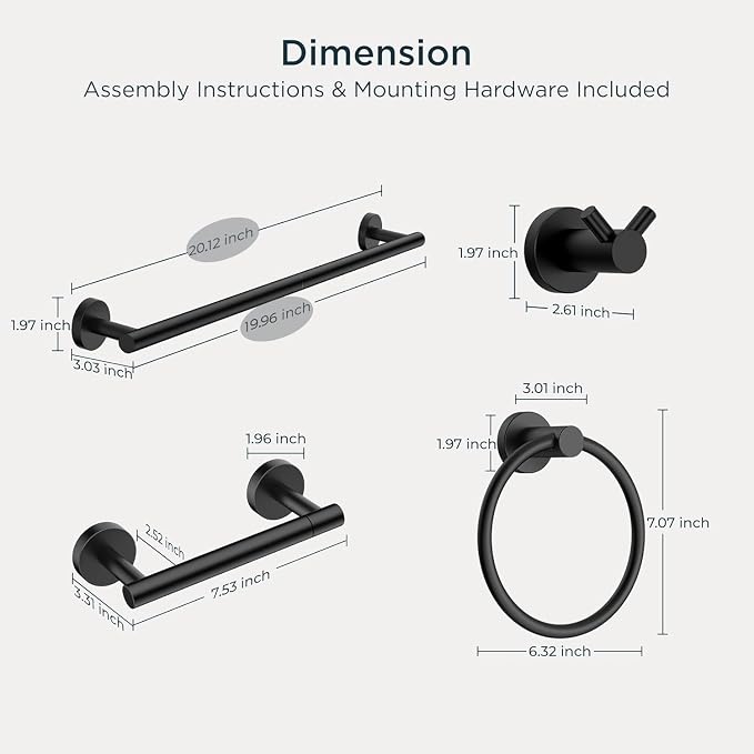 FORIOUS Bathroom Accessories, 4-Piece Bathroom Hardware Set - 18" Towel Bar | Matte Black | Towel Hooks, Towel Racks for Bathroom, Toilet Paper Holder Wall Mounted & Towel Ring | SUS304 Stainless Steel