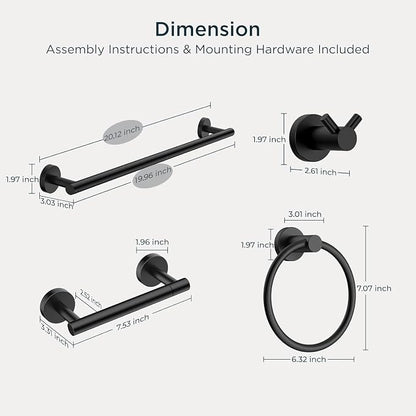 FORIOUS Bathroom Accessories, 4-Piece Bathroom Hardware Set - 18" Towel Bar | Matte Black | Towel Hooks, Towel Racks for Bathroom, Toilet Paper Holder Wall Mounted & Towel Ring | SUS304 Stainless Steel