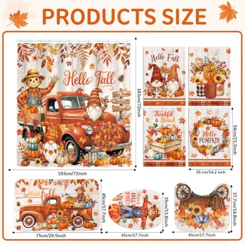 FuWeave 8Pcs Hello Fall Shower Curtain Set, Vintage Truck Gnome Scarecrow Pumpkin Bathroom Decor, Includes Non-Slip Bath Rug, U-Shaped Mat, Toilet Lid Cover, Towels & 12 Hooks, Autumn Harvest Decor