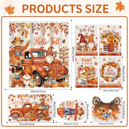 FuWeave 8Pcs Hello Fall Shower Curtain Set, Vintage Truck Gnome Scarecrow Pumpkin Bathroom Decor, Includes Non-Slip Bath Rug, U-Shaped Mat, Toilet Lid Cover, Towels & 12 Hooks, Autumn Harvest Decor