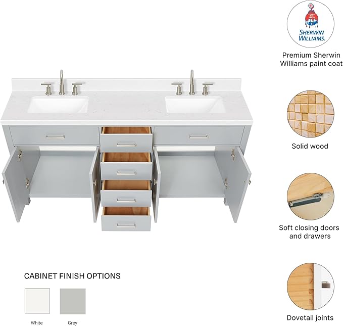 DKB Alenza 72 Inch Bathroom Vanity Double Sink — Grey Bathroom Vanity with Sink, 1.5" Edge Carrara White Quartz Countertop & Backsplash, 4 Soft-Close Doors, 4 Dovetail Drawers