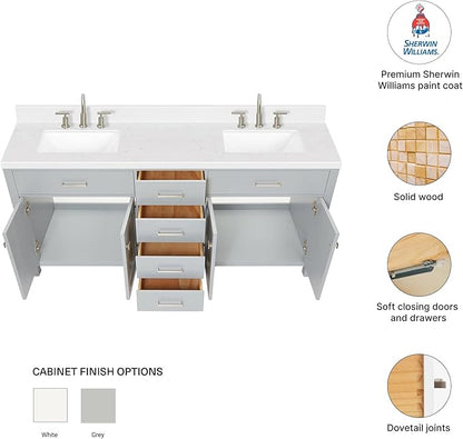 DKB Alenza 72 Inch Bathroom Vanity Double Sink — Grey Bathroom Vanity with Sink, 1.5" Edge Carrara White Quartz Countertop & Backsplash, 4 Soft-Close Doors, 4 Dovetail Drawers