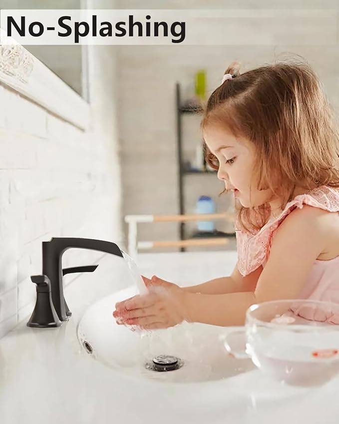Fapully Black Bathroom Faucet 3 Hole, Waterfall 8 Inch Widespread Bathroom Sink Faucet with Pop-up Drain, Two-Handle Faucet for Bathroom Sink