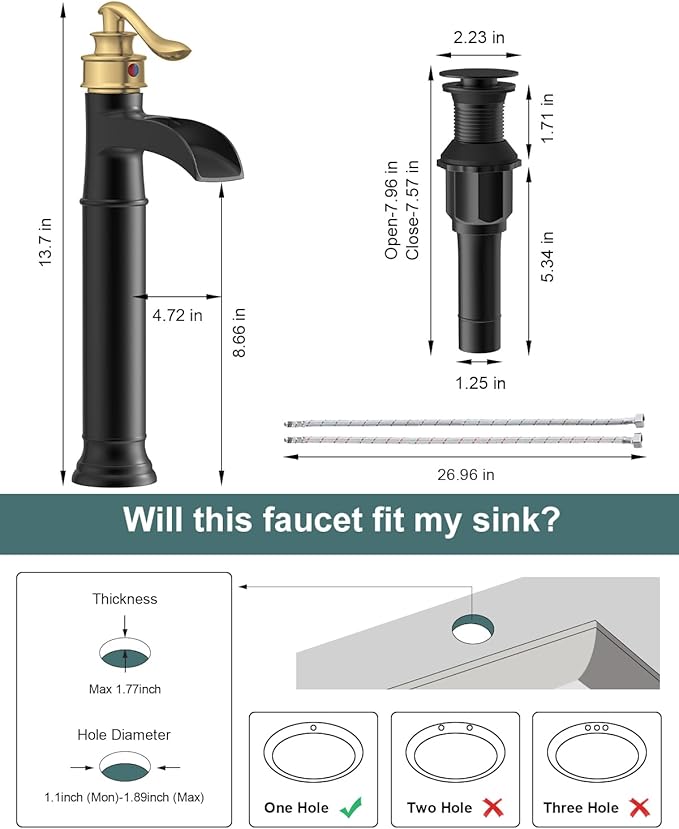 BWE Waterfall Vessel Sink Faucet Black and Gold Bathroom Faucet 1 Hole Single Handle Tall Bathroom Faucet with Pop Up Drain Assembly and Supply Lines Lavatory Vanity Bath Mixer Tap