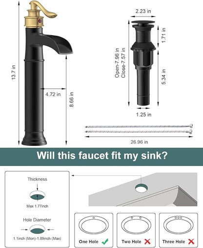 BWE Waterfall Vessel Sink Faucet Black and Gold Bathroom Faucet 1 Hole Single Handle Tall Bathroom Faucet with Pop Up Drain Assembly and Supply Lines Lavatory Vanity Bath Mixer Tap