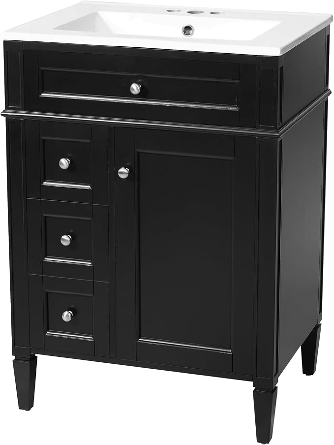 Merax 24 Inch Bathroom Vanity with Ceramic Sink, Solid Wood Frame Modern Bathroom Sink Storage Cabinet with 2 Drawers and a Tip-Out Drawer, Single Sink Bathroom Vanities, Black