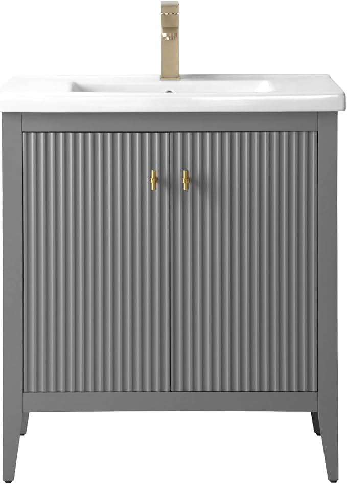 HOMEBEYOND 30" Bathroom Vanity with Ceramic Sink, Solid Wood Free-Standing Vanities Cabinet, Ceramic Top, Golden Brushed Handware & Soft Closing Door, Cashmere Gray