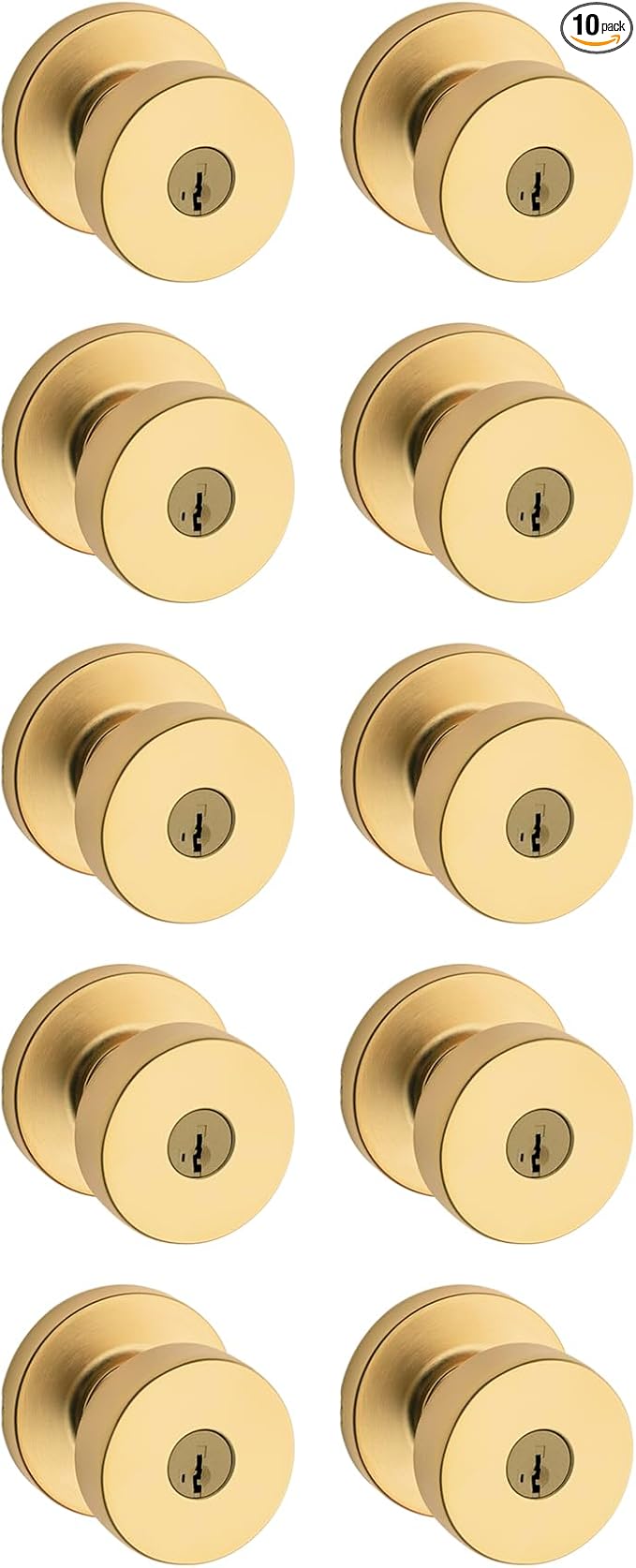 Kwikset Pismo Entry Door Knob with Lock and Key, Secure Keyed Handle Exterior, Front Entrance and Bedroom, Satin Brass, 10 Pack, Pick Resistant SmartKey Rekey Security
