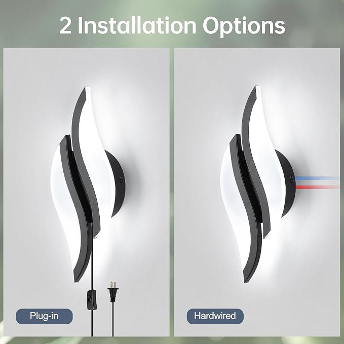 CANEOE Plug in Wall Sconces Set of Two 6000K Black Modern LED Wall Light Fixtures Acrylic Wall Sconce Lighting for Living Room Bedroom Bedside Bathroom Hallway Stairway Wall Lamp