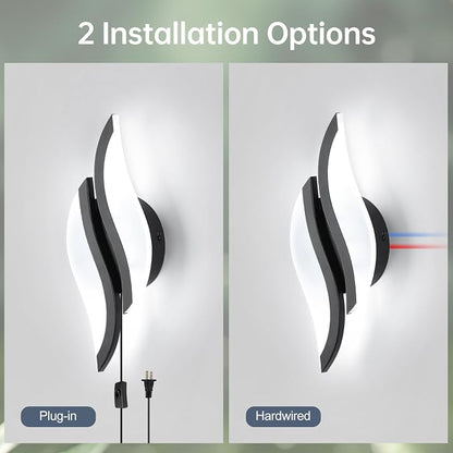 CANEOE Plug in Wall Sconces Set of Two 6000K Black Modern LED Wall Light Fixtures Acrylic Wall Sconce Lighting for Living Room Bedroom Bedside Bathroom Hallway Stairway Wall Lamp