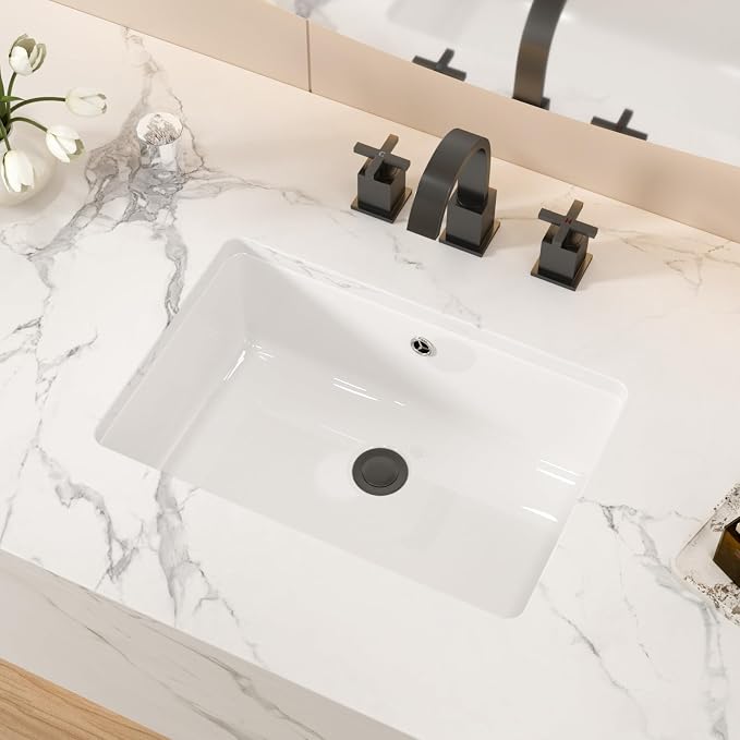 White Ceramic 18"x12" Undermount Bathroom Lavatory Sink | Rectangle under counter white bathroom vessel sink for bathroom with overflow
